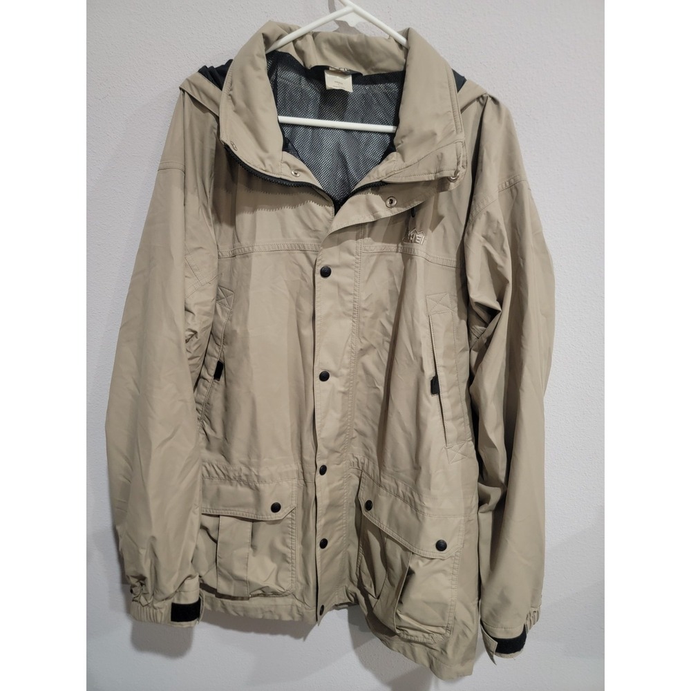 REI‎ Elements Tan Rain Jacket Full Zip Hooded Waterproof Mens Size Large Pockets